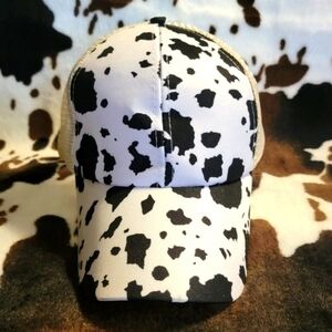 White Cow Print Criss Cross Ponytail Hat